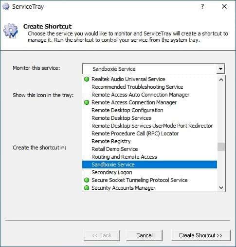 ServiceTray selectați un serviciu Windows