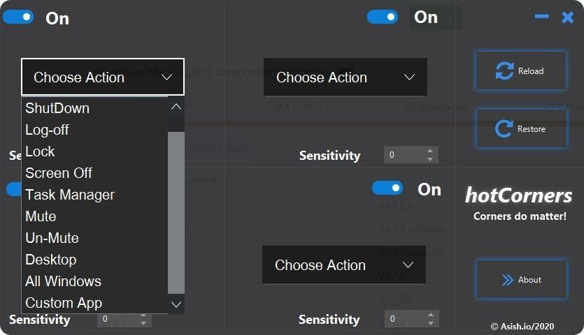 HotCorners select actions
