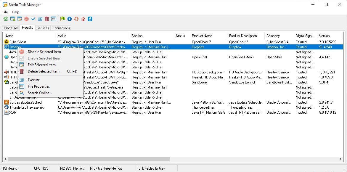 SterJo Task Manager Registry Tab