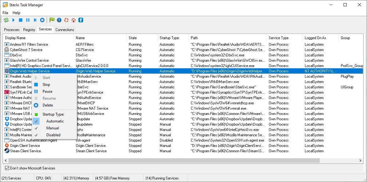 SterJo Task Manager Services Tab