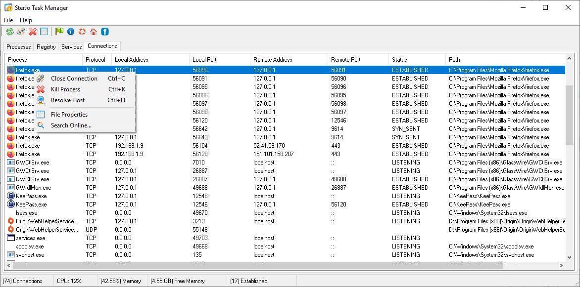 SterJo Task Manager Connections Tab