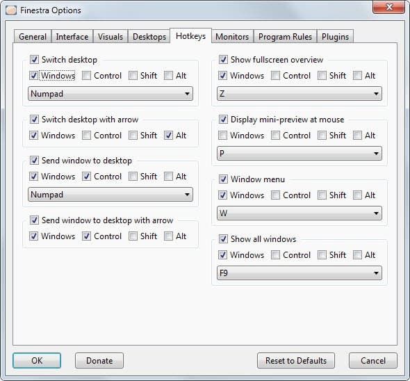 finestra options