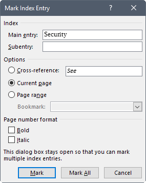 mark index entry word
