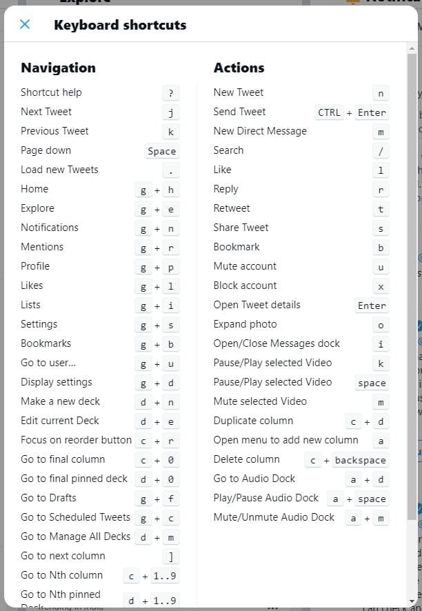 TweetDeck Xem trước các phím tắt mới