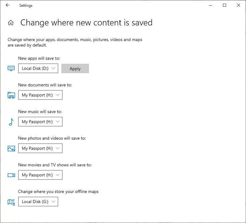 How to change the default save location in Windows 10 - apply