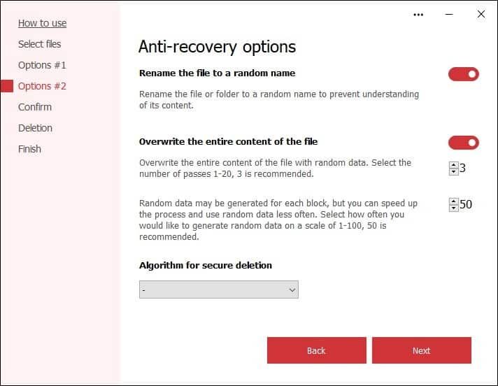Secure File Deleter - خيارات مكافحة الاسترداد