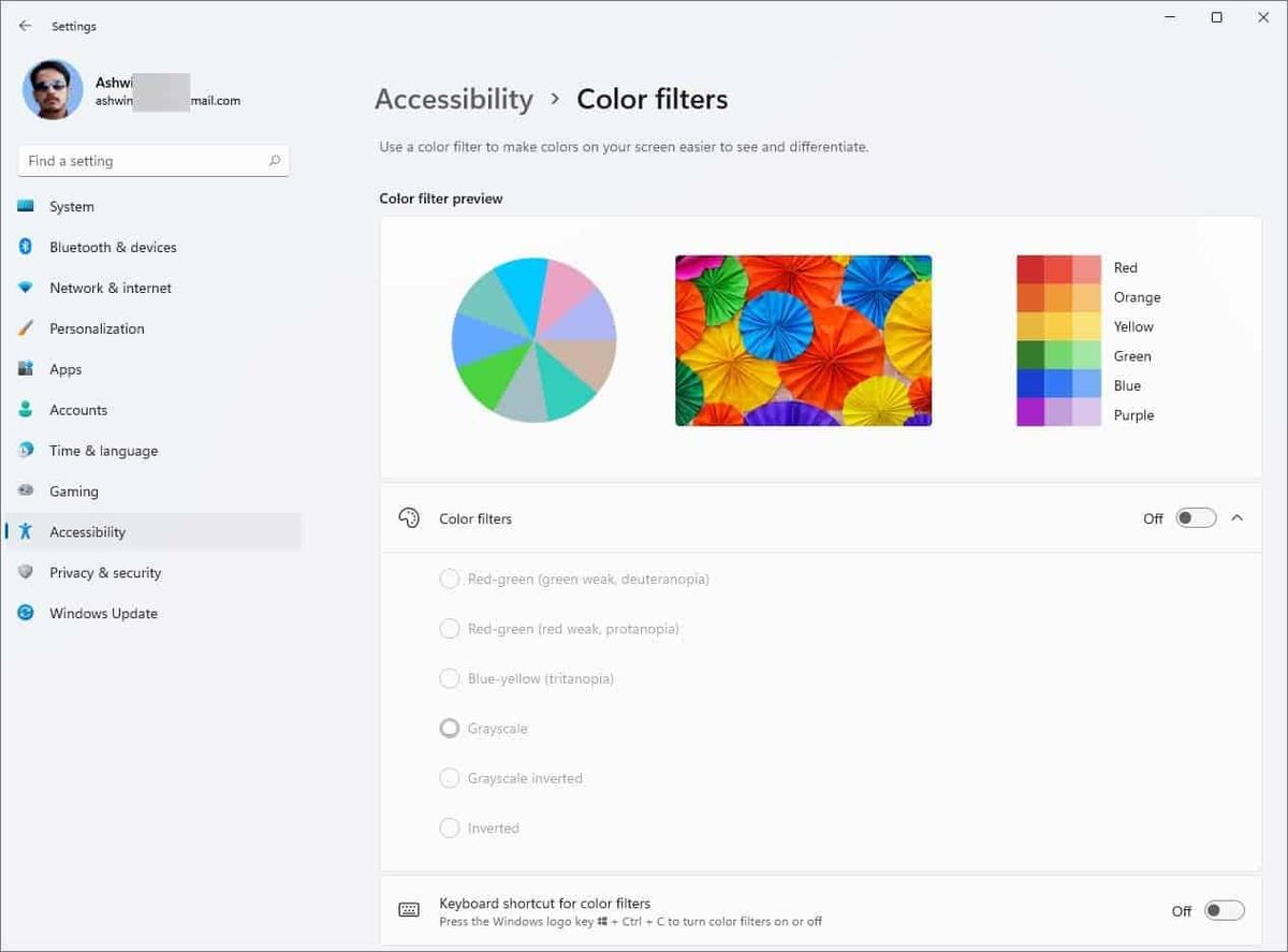 การตั้งค่า Windows 11 - ตัวเลือกการช่วยสำหรับการเข้าถึง - ตาบอดสี