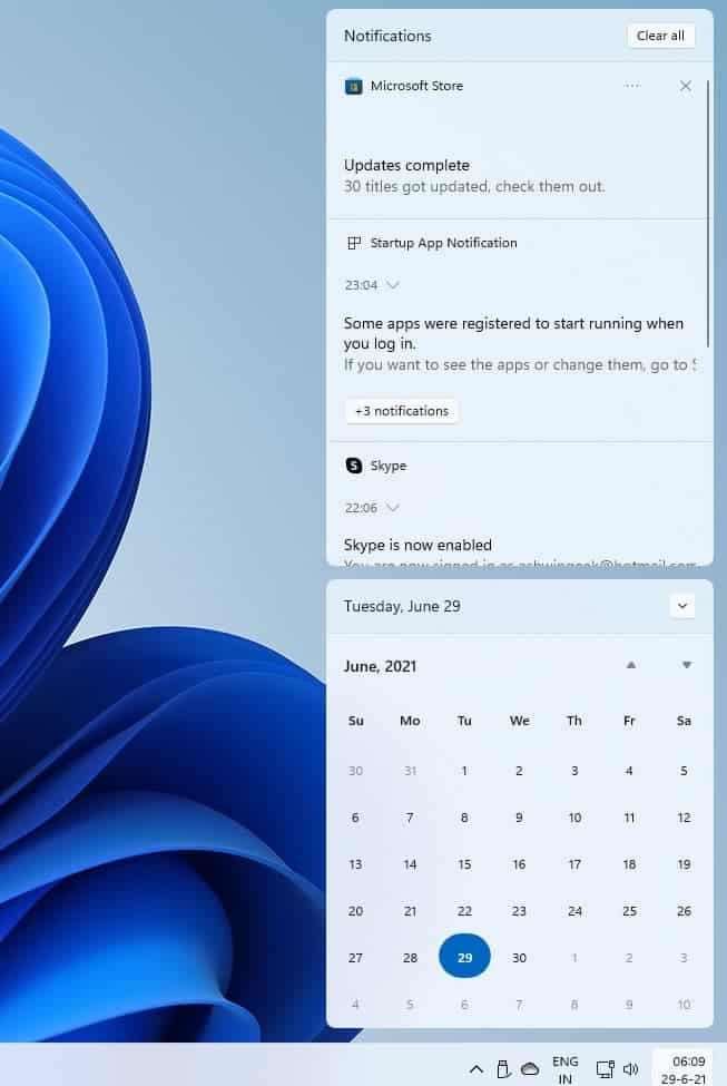 แผงการแจ้งเตือนและปฏิทินของ Windows 11