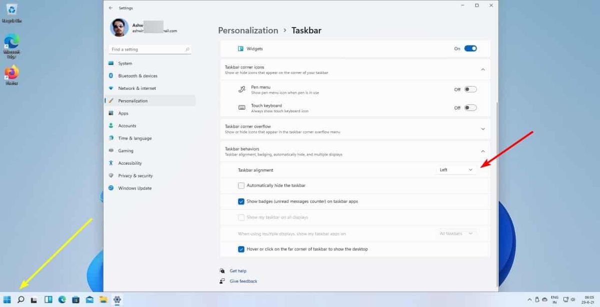 ไอคอนทาสก์บาร์ของ Windows 11 ทางด้านซ้าย