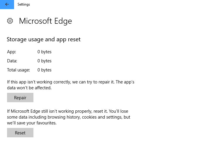 Ripristina Microsoft Edge in Windows 10