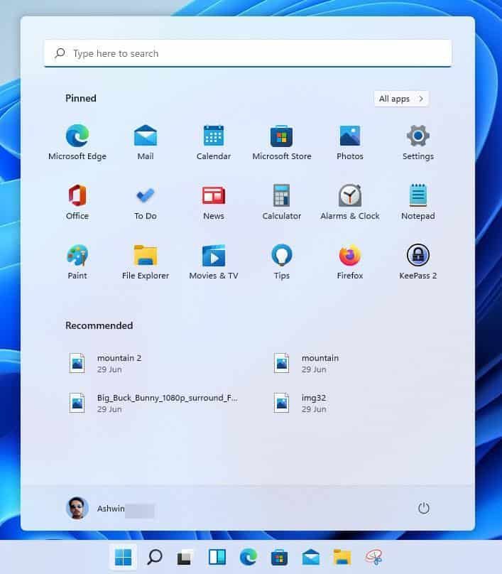 Windows 11 Insider Preview build 22000.65 - ค้นหาในเมนูเริ่ม