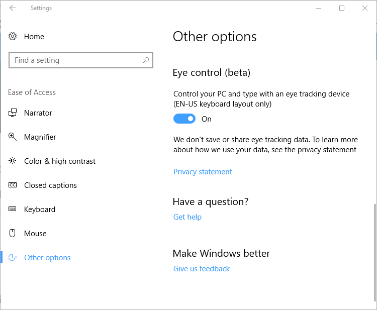 Ang Windows 10 Bumuo ng 16257: inaayos ang pagkabagot sa Edge, nagpapakilala sa Control ng Mata