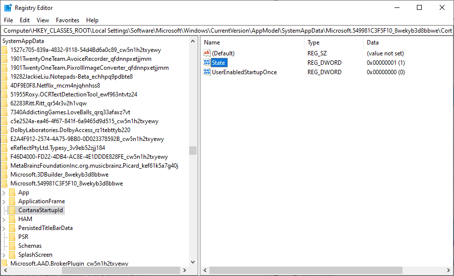 cortana autostart registry