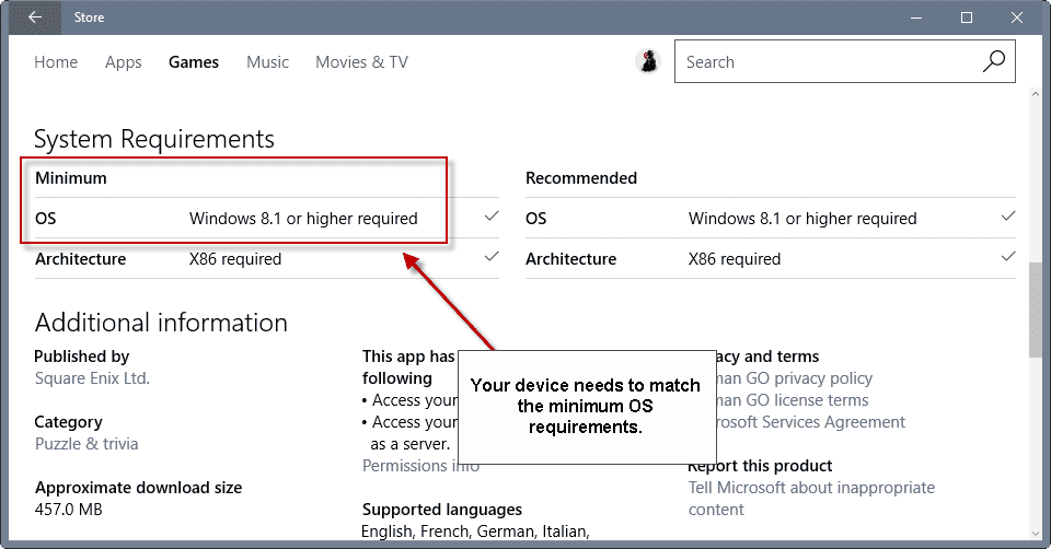 minimum os requirements windows store