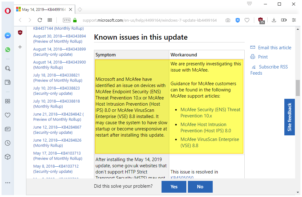 Les actualitzacions de maig de 2019 per a Windows 7 i Server 2008 R2 no funcionen bé amb el programari McAfee o Sophos, una altra vegada