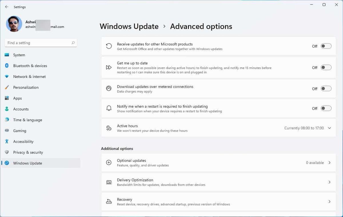 ตัวเลือกขั้นสูงของการอัปเดต Windows 11