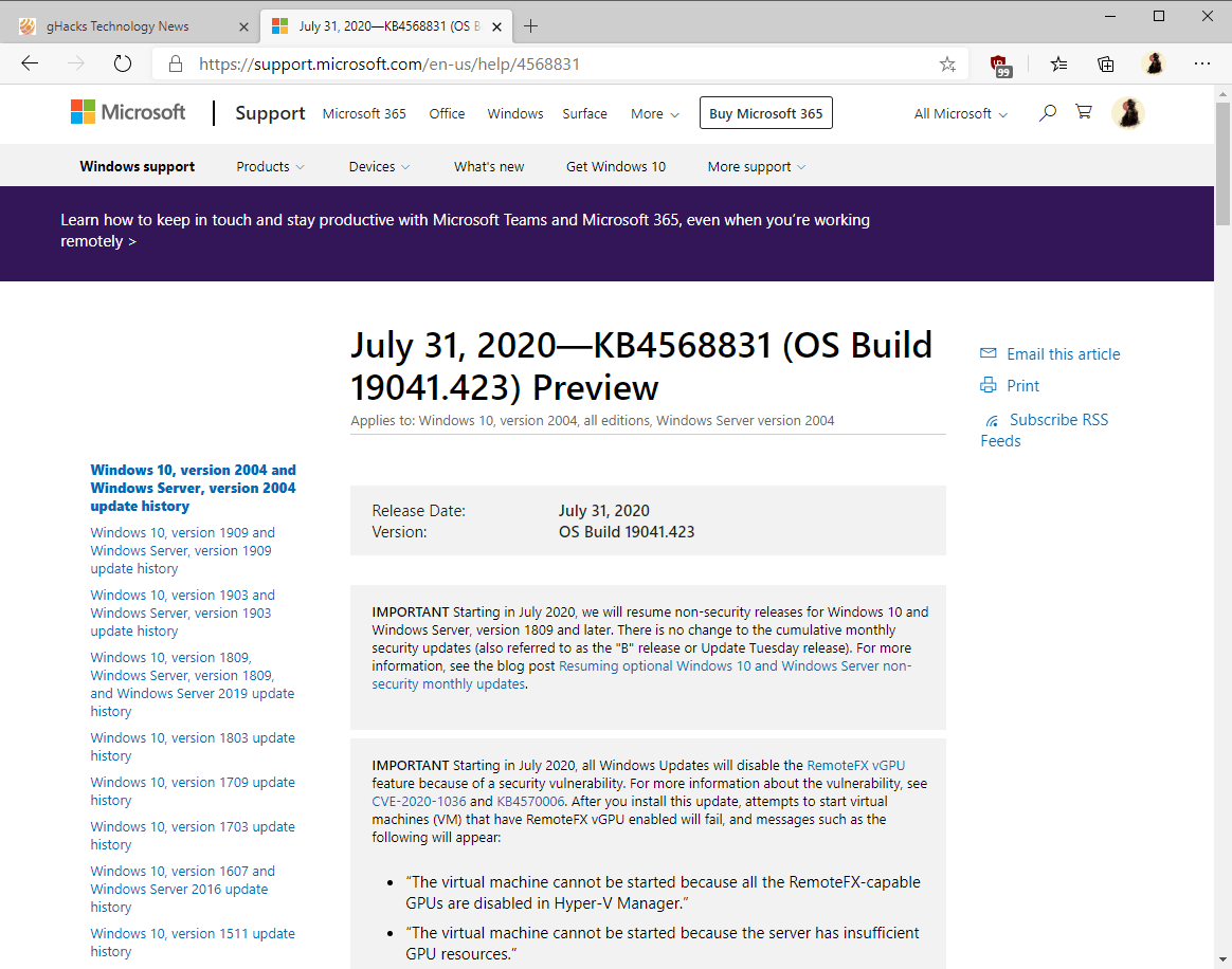 S-a lansat versiunea pentru Windows 10 versiunea 2004 KB4568831