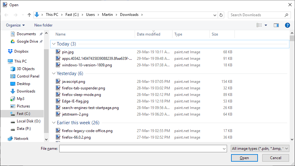 Kaip išjungti failų grupes „Windows“ atidarytuose dialoguose