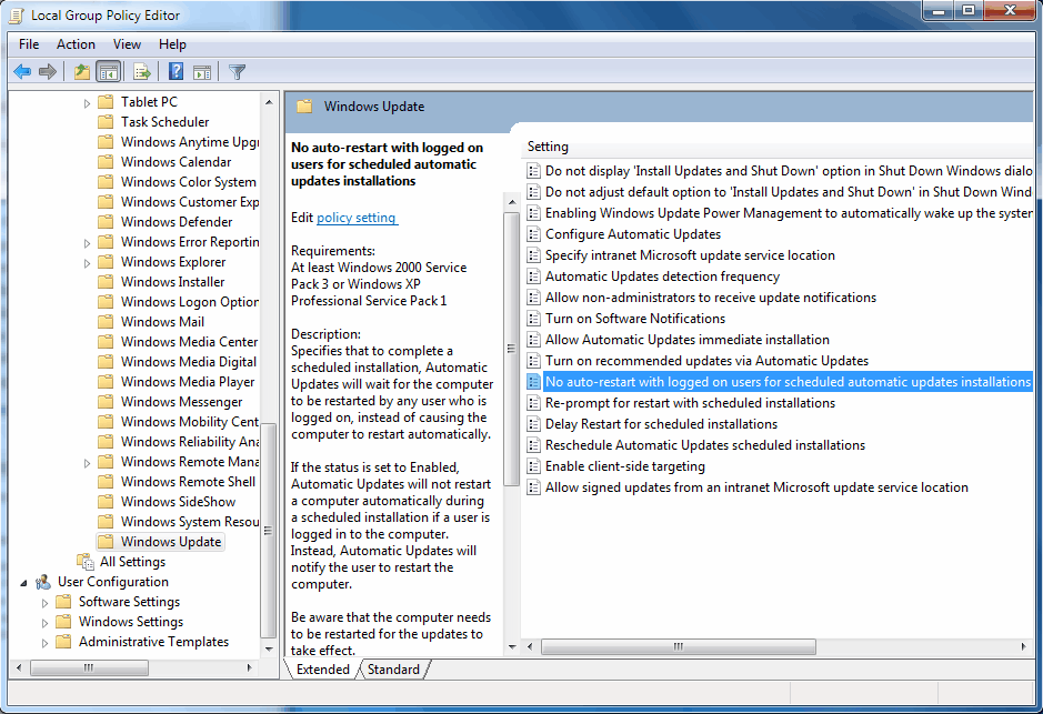 no auto-restart automatic updates