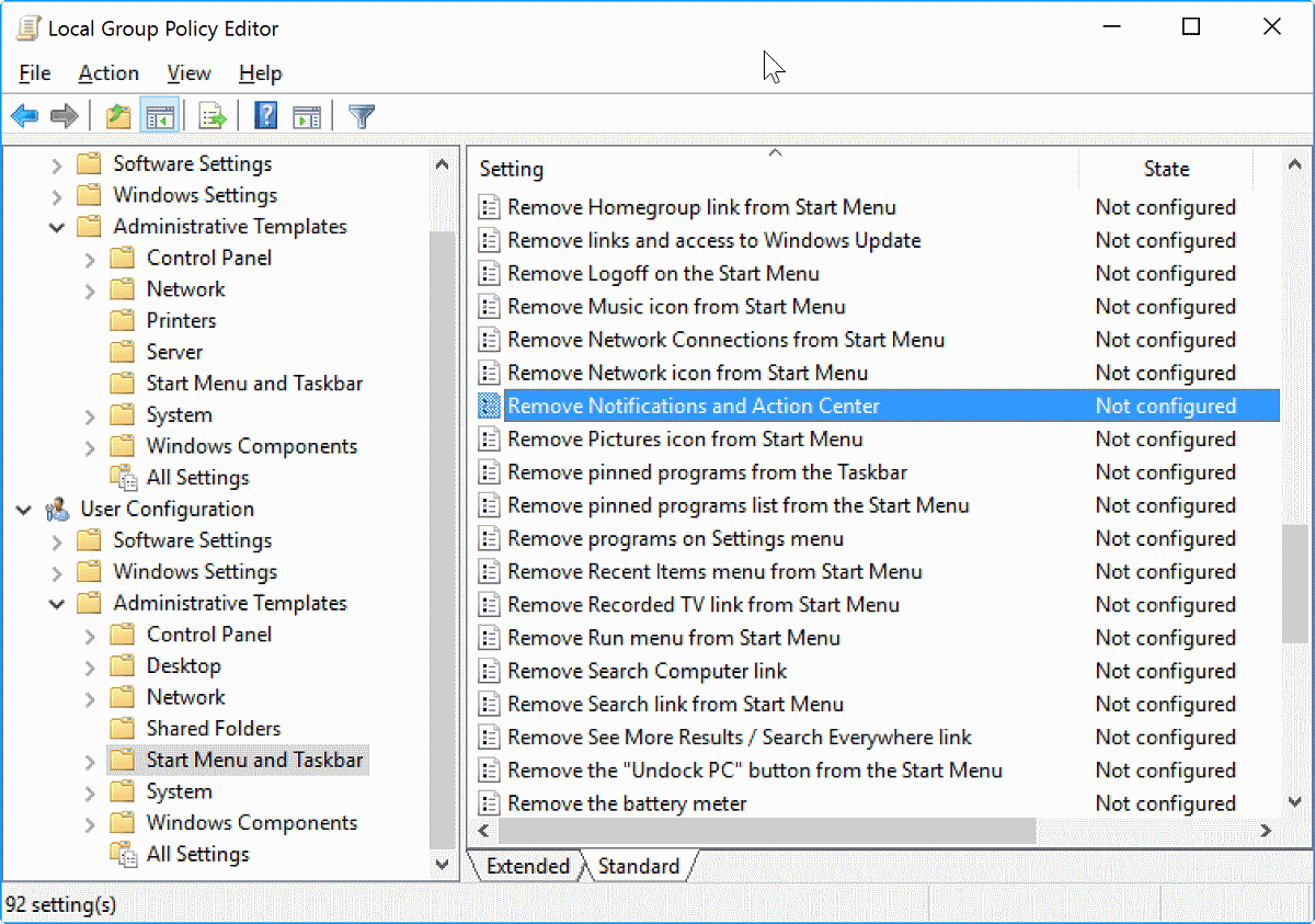 remove notifications action center
